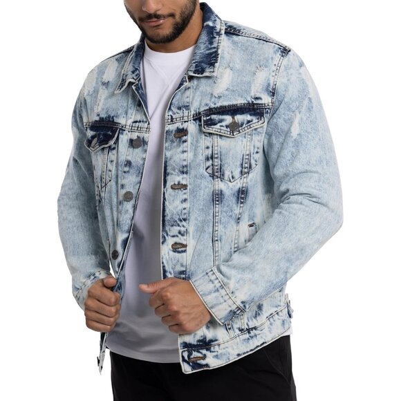 Mens Acid Stone Denim Jacket Washed Ripped Distressed Stretch Casual Trucker - Picture 6 of 9